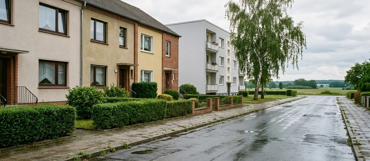 Wohnstraße am Stadtrand, wo Reihenhäuser auf einen kleinen Wohnblock treffen, nasser Asphalt nach Regen