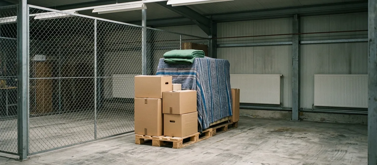 Lagerbox hinter einer Gittertrennwand mit Palette, in Decken gehüllten Möbeln und gestapelten Kartons