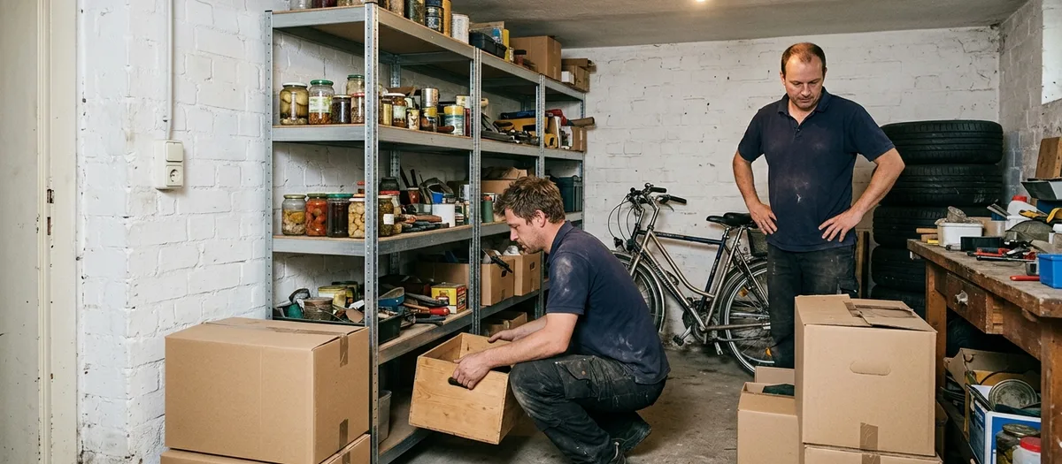 Kellerraum mit Regalen voller Einweckgläser, Fahrrad und Werkbank, ein Träger hebt eine Holzkiste vom untersten Brett